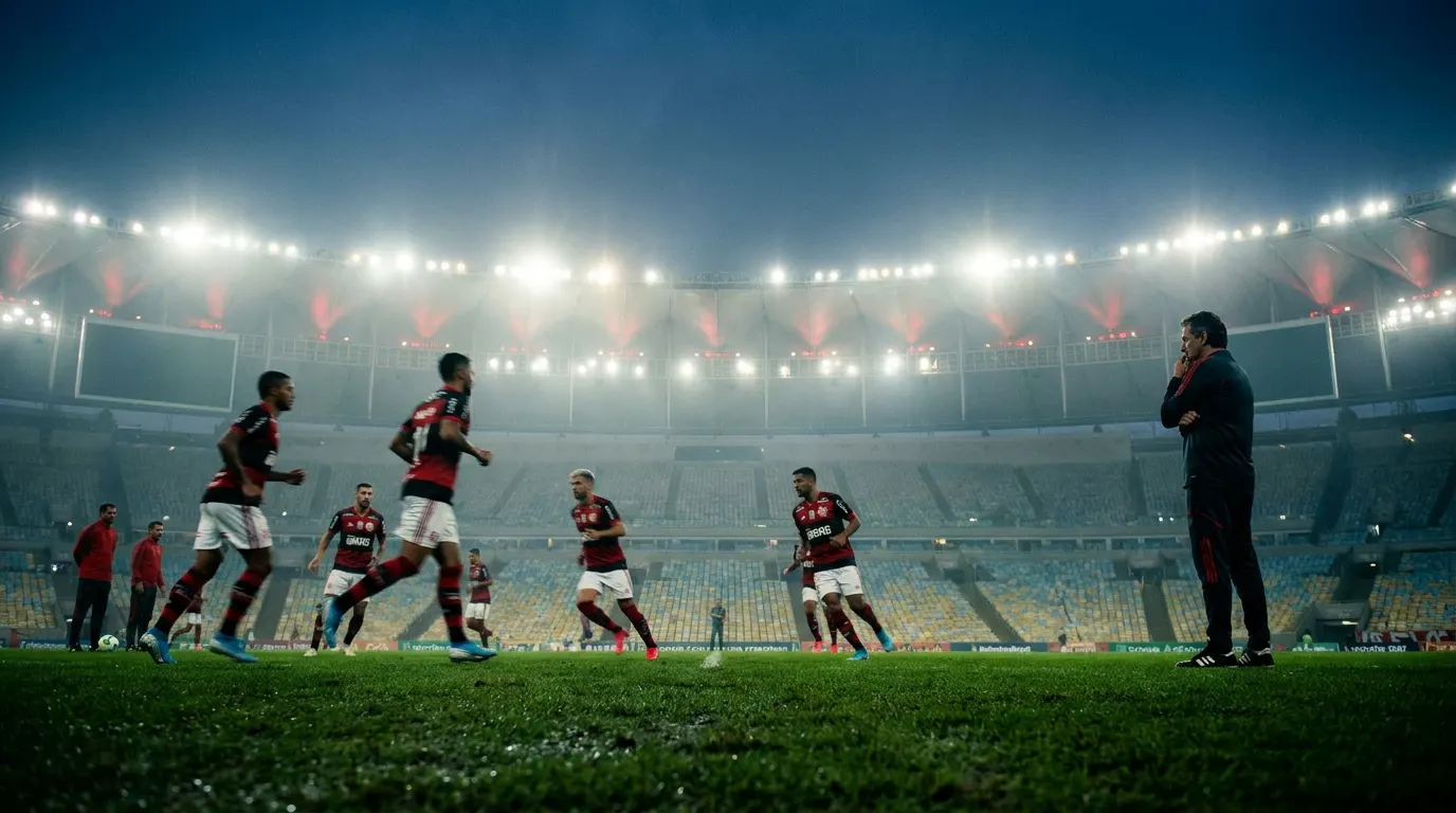 Camisa rubro-negra do Flamengo pendurada no vestiário com arquibancada ao fundo em jogo da Libertadores à noite