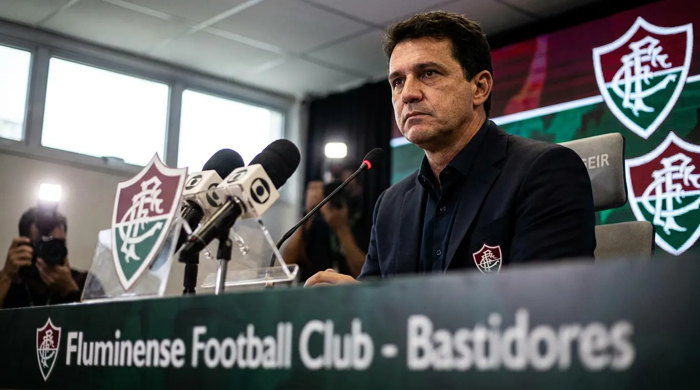 Presidente do Fluminense Mattheus Montenegro em coletiva de imprensa sobre proibição das bets e prejuízo de R$ 100 milhões