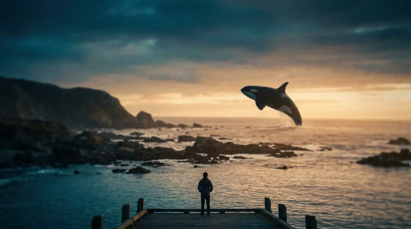 Orca saltando no oceano ao entardecer, imagem de divulgação do reboot de Free Willy pela Warner Bros.