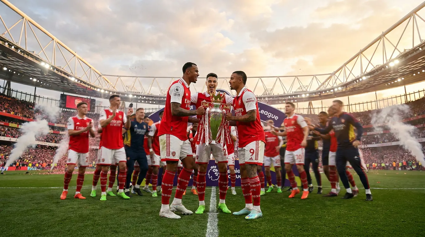 Gabriel Magalhães celebra o título da Premier League 2025/26 pelo Arsenal no Emirates Stadium