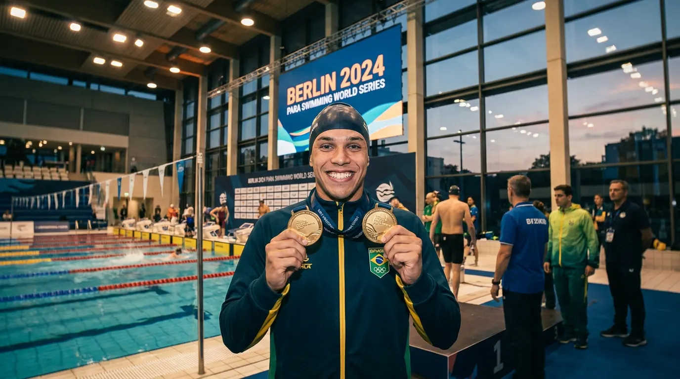 Gabrielzinho celebra ouro no World Series de natação paralímpica em Berlim 2026