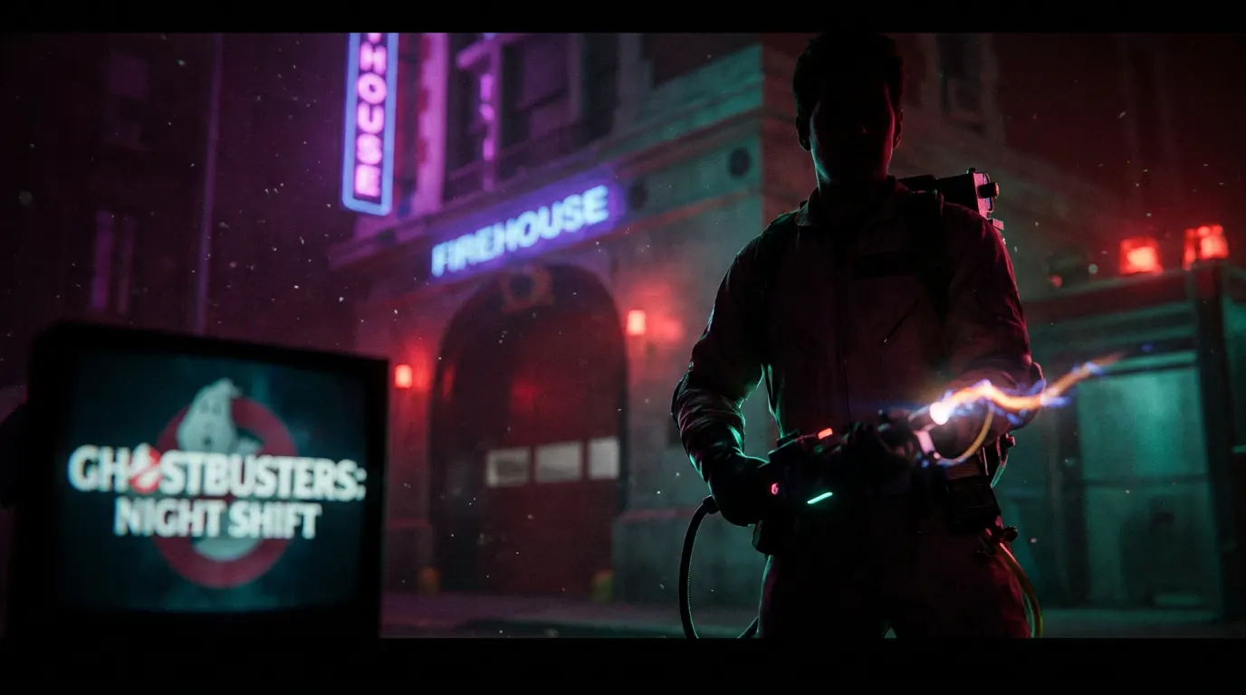 Logo da série animada Ghostbusters Night Shift da Netflix com estética de quadrinhos e fantaisma com garras amarelas