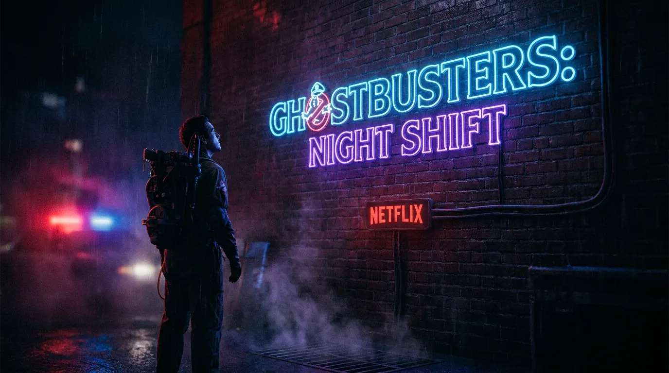 Arte conceitual da série animada Ghostbusters: Night Shift da Netflix mostrando fantasma monstruoso com estilo de quadrinhos sobre o quartel Hook and Ladder 8 em Nova York