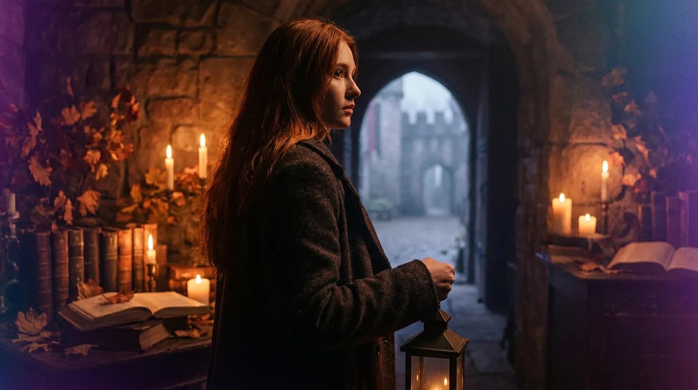 Jovem atriz em uniforme de Hogwarts na entrada do castelo ao entardecer, referência à série Harry Potter da HBO
