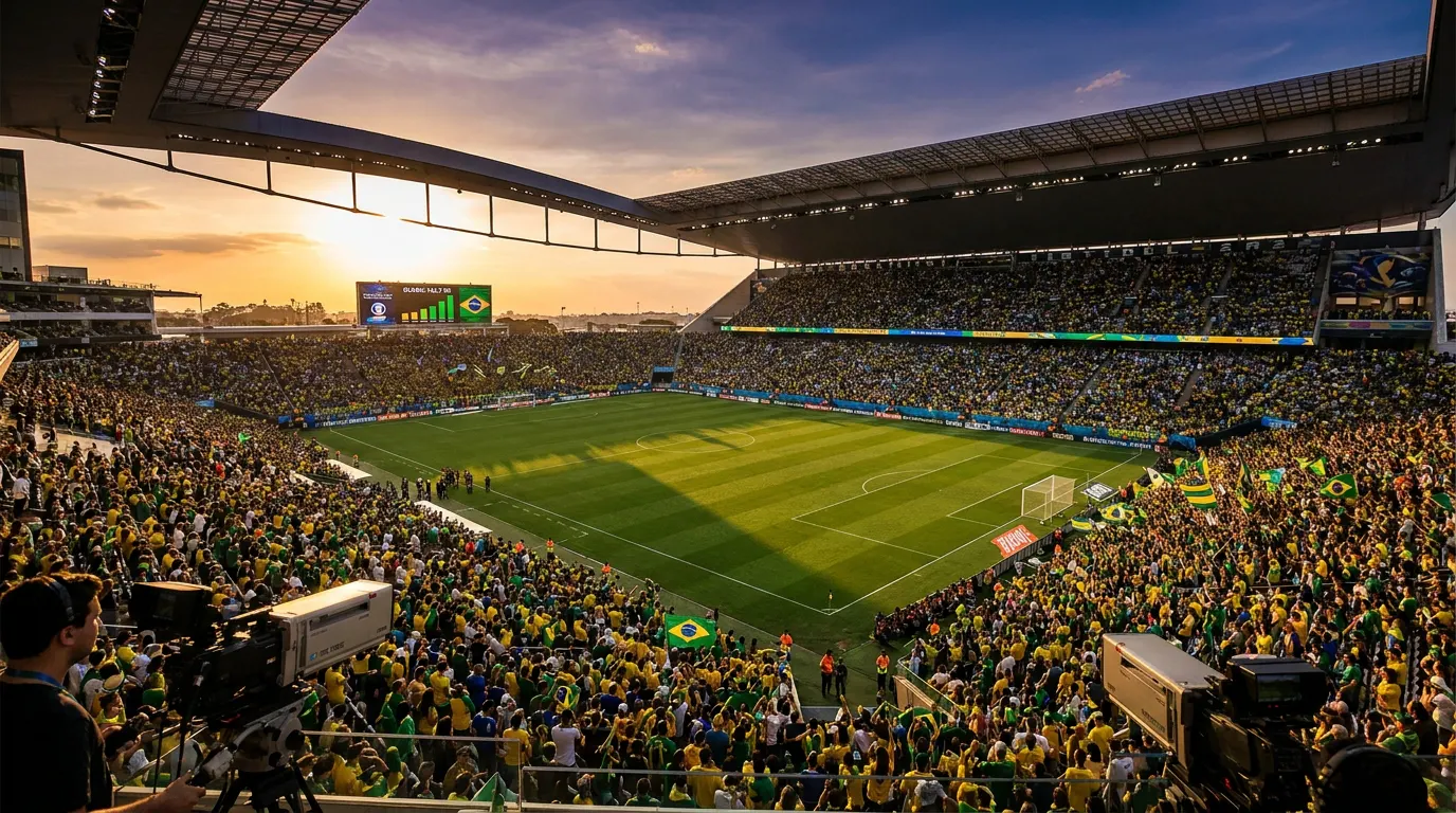 Torcedores brasileiros acompanhando jogos da Copa do Mundo 2026 em telão, com camisas amarelas da Seleção Brasileira