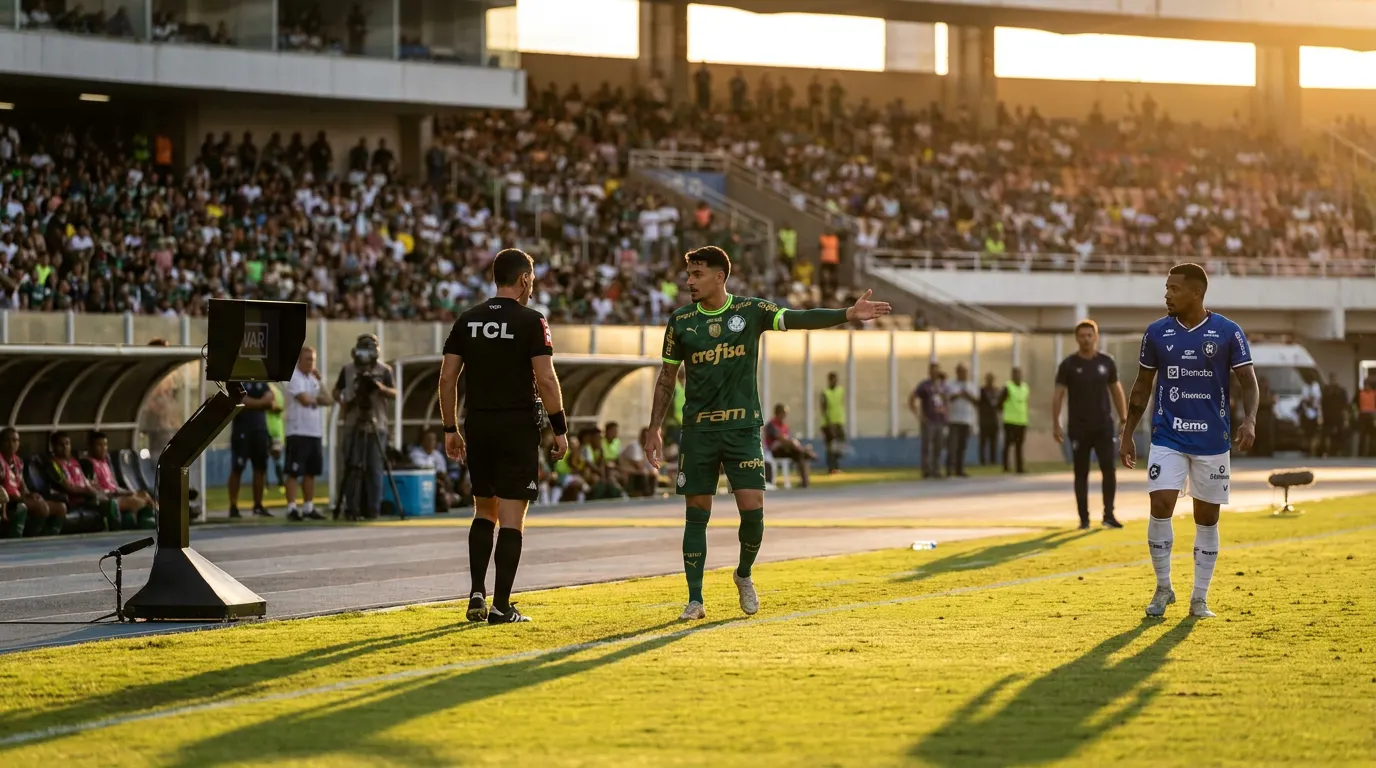 Bruno Fuchs do Palmeiras celebra gol anulado pelo VAR no Mangueirão na 15ª rodada do Brasileirão 2026