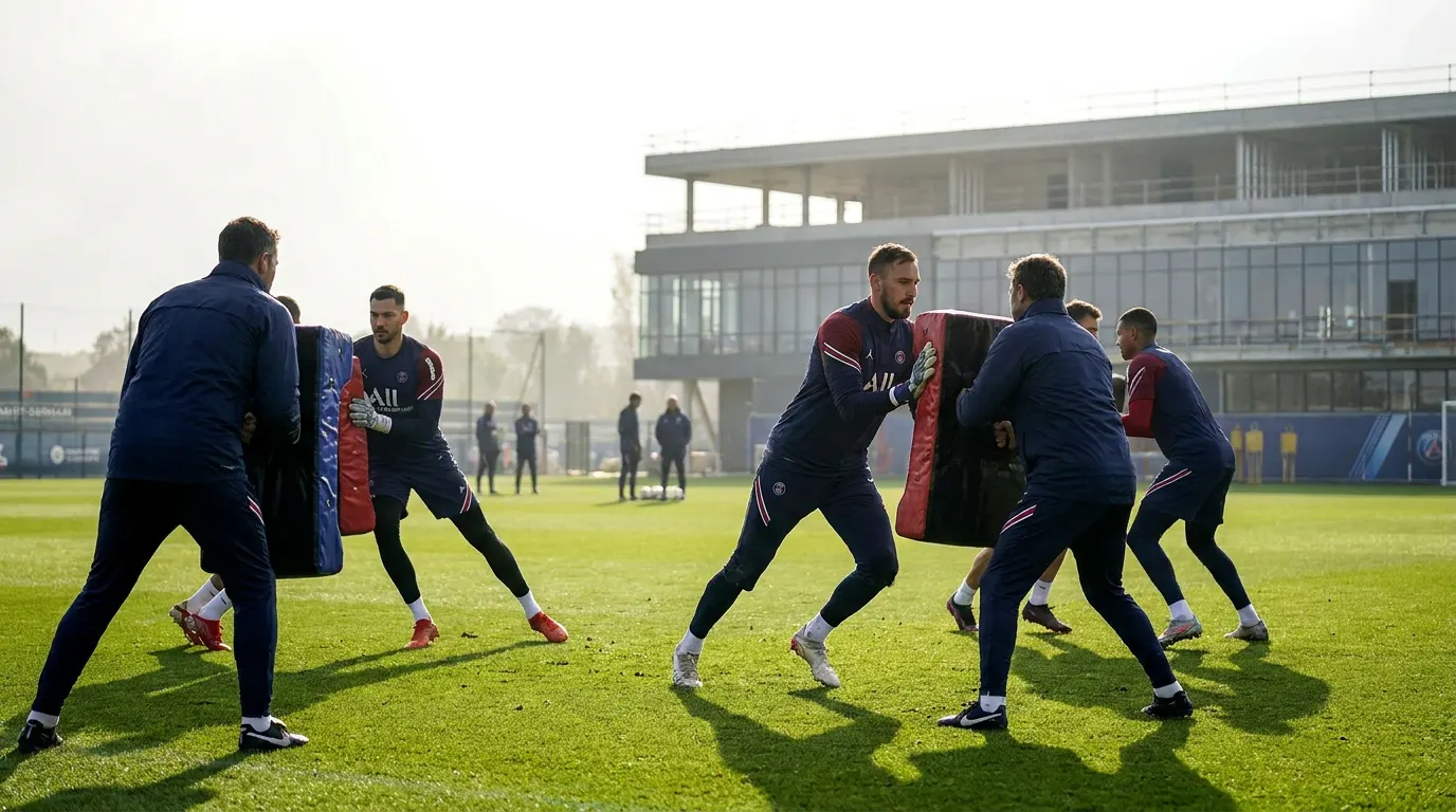 Goleiro do PSG treinando com escudo de rugby para se preparar para as bolas paradas do Arsenal na final da Champions League 2026