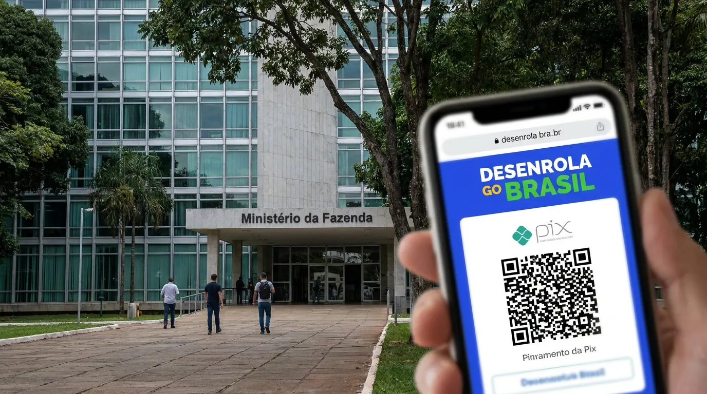 Pessoa diante de notebook com site falso do Novo Desenrola Brasil — golpe de phishing alerta do Ministério da Fazenda