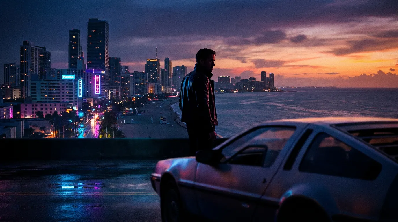 Skyline de Vice City ao entardecer com luzes de néon e carro americano clássico — estética de GTA 6