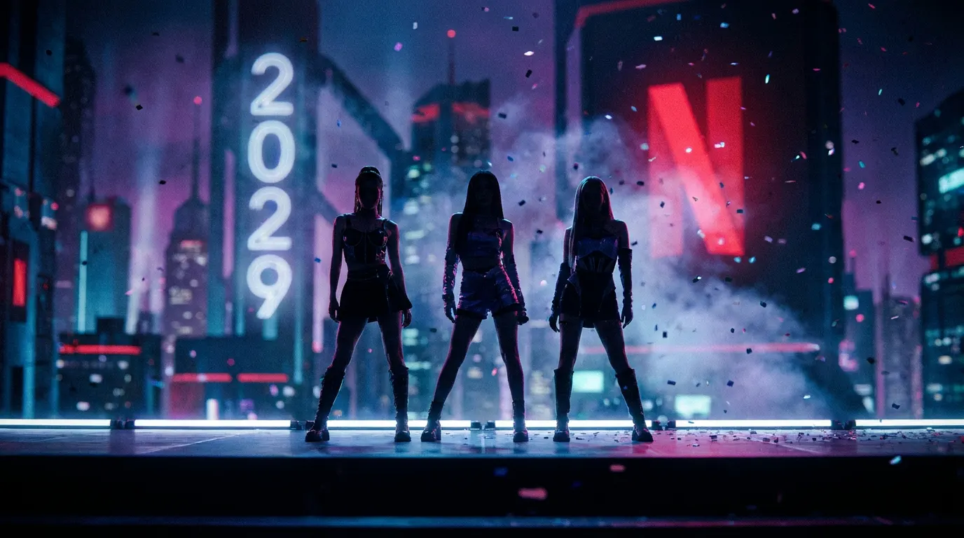 Guerreiras do K-Pop 2 animação Netflix com lançamento amplo nos cinemas — grupo HUNTR/X em pôster cinematográfico
