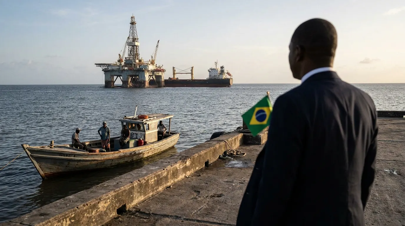 Plataforma FPSO operando no offshore da Guiana, bacia Guiana-Suriname, com costa tropical ao fundo — petróleo per capita e boom econômico