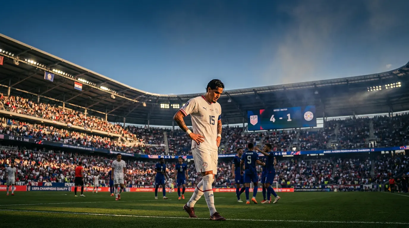 Gustavo Gómez, capitão do Paraguai, em campo durante estreia na Copa do Mundo 2026 contra os Estados Unidos no SoFi Stadium