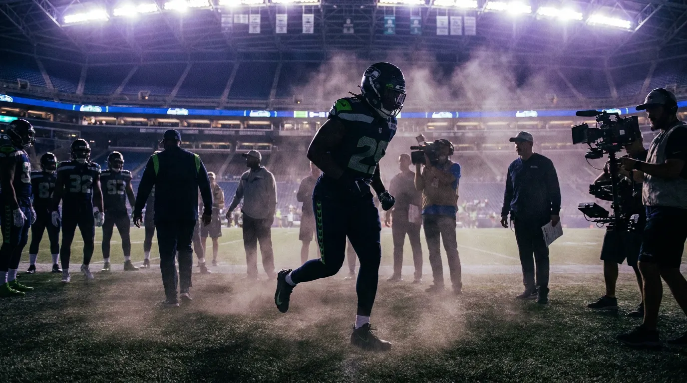 Técnico Mike Macdonald no campo de treinamento dos Seahawks durante as gravações de Hard Knocks 2026 no HBO Max