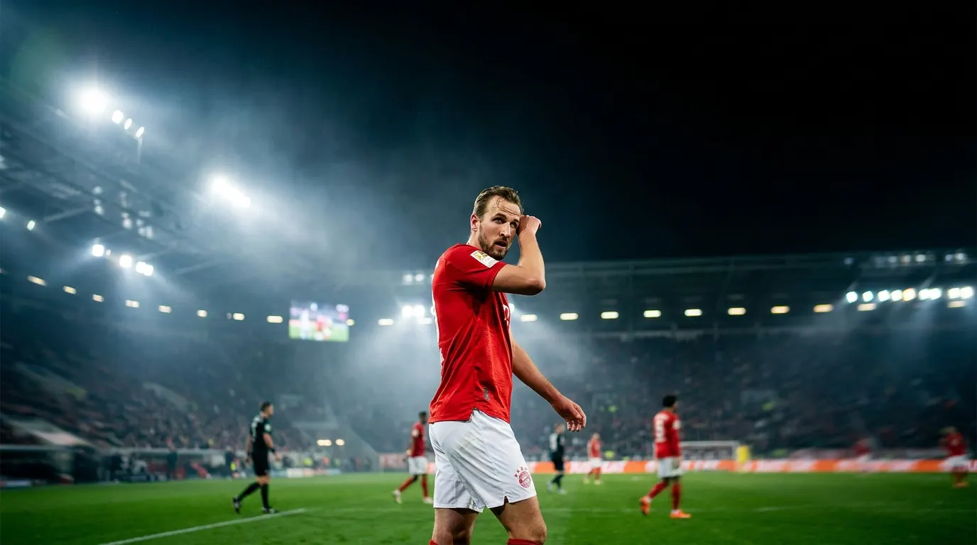Silhueta de centroavante comemorando gol no estádio do Bayern de Munique durante partida noturna da Bundesliga