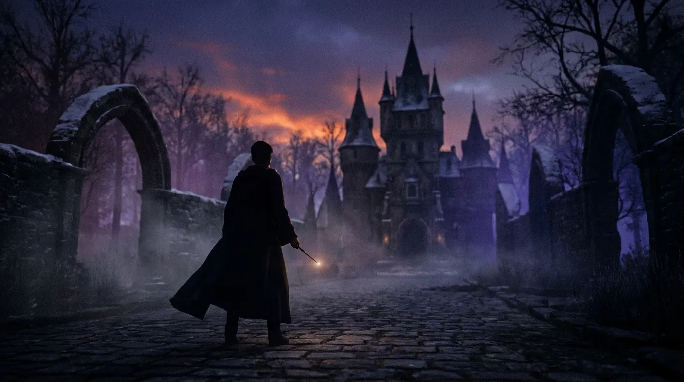 Elenco jovem da série Harry Potter da HBO em trajes de Hogwarts em frente ao castelo, iluminado pela luz dourada do entardecer