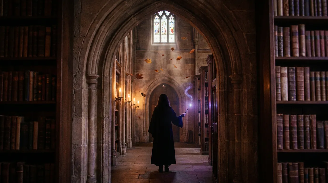 Trio de jovens atores em uniformes de Grifinória na entrada do Castelo de Hogwarts — série Harry Potter da Max