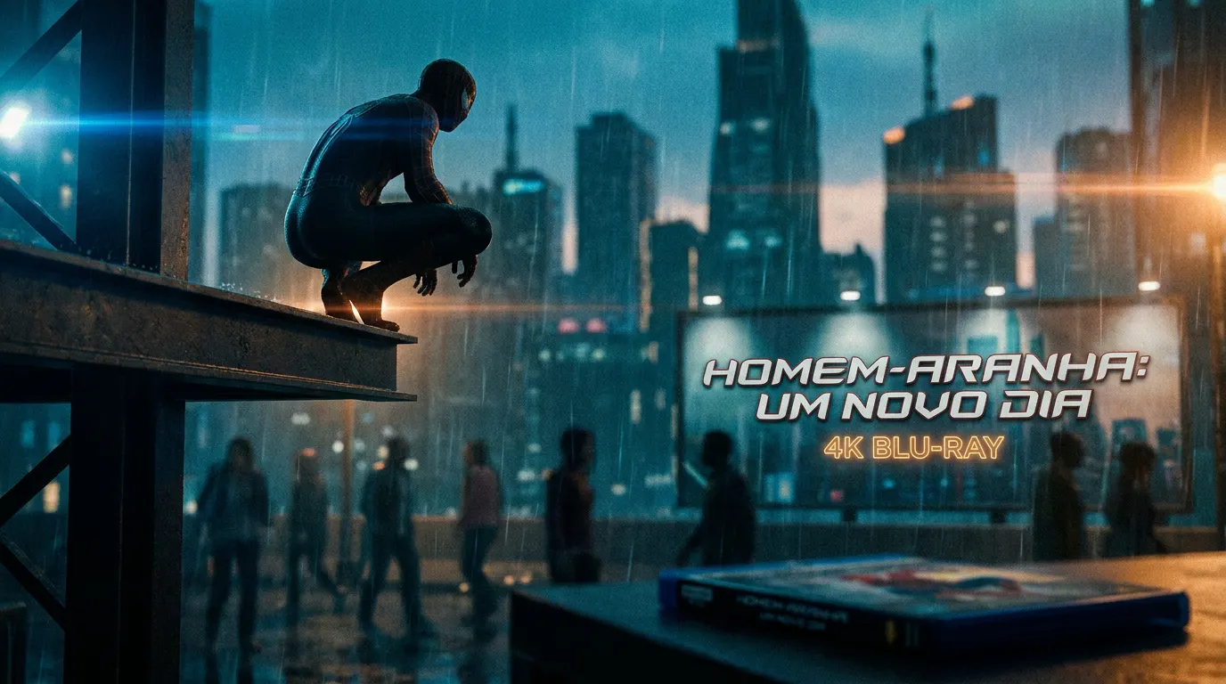 Tom Holland como Homem-Aranha balançando pelo skyline de Nova York em Homem-Aranha: Um Novo Dia — lançamento 4K Blu-ray em novembro de 2026