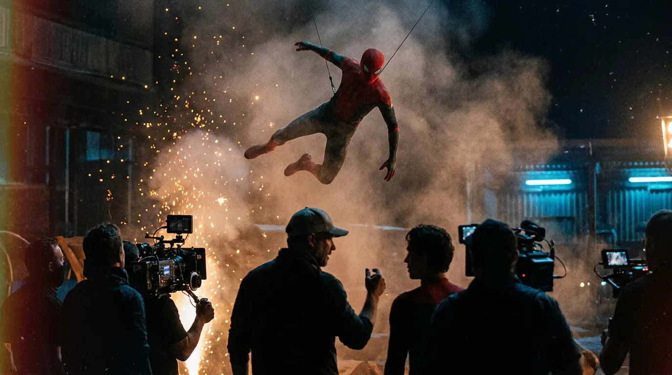 Tom Holland como Homem-Aranha balançando pelas ruas de Nova York em cena de bastidores de Um Novo Dia