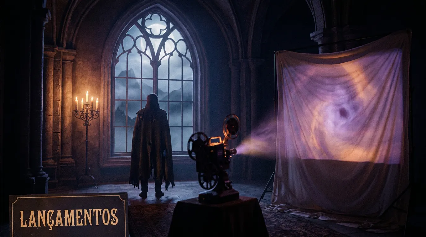 Drácula e Mavis na entrada do Hotel Transilvânia com atmosfera de Halloween — The Haunting of Hotel Transylvania 2027