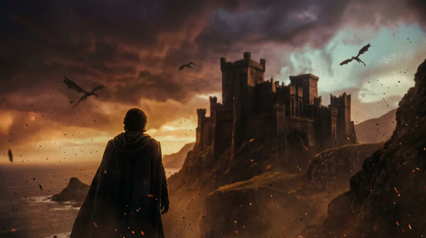 Emma D'Arcy como Rhaenyra Targaryen no Trono de Ferro em House of the Dragon 3ª temporada