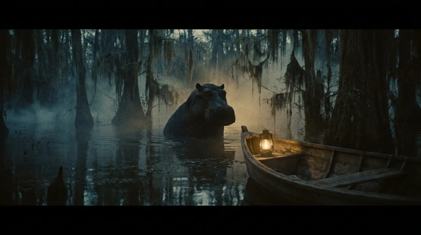 Hipopótamo gigante emergindo das águas escuras do pântano da Louisiana no filme de terror Hungry (2026)