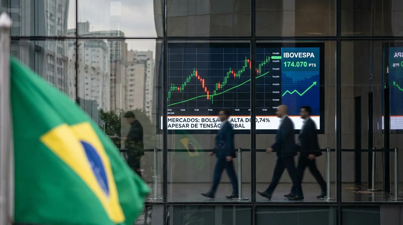 Fachada da B3 em São Paulo com painéis de mercado ao fundo, representando recuperação do Ibovespa em julho de 2026