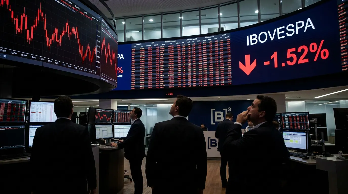 Sede da B3 em São Paulo com gráfico de queda do Ibovespa em tela digital, refletindo tensão no mercado financeiro brasileiro em maio de 2026