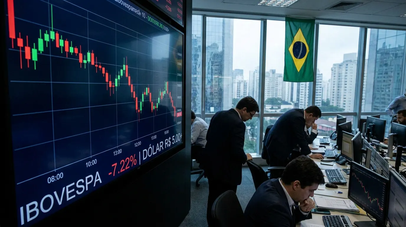 Fachada da B3, bolsa de valores de São Paulo, com painel eletrônico em queda refletindo o pior mês do Ibovespa desde 2023