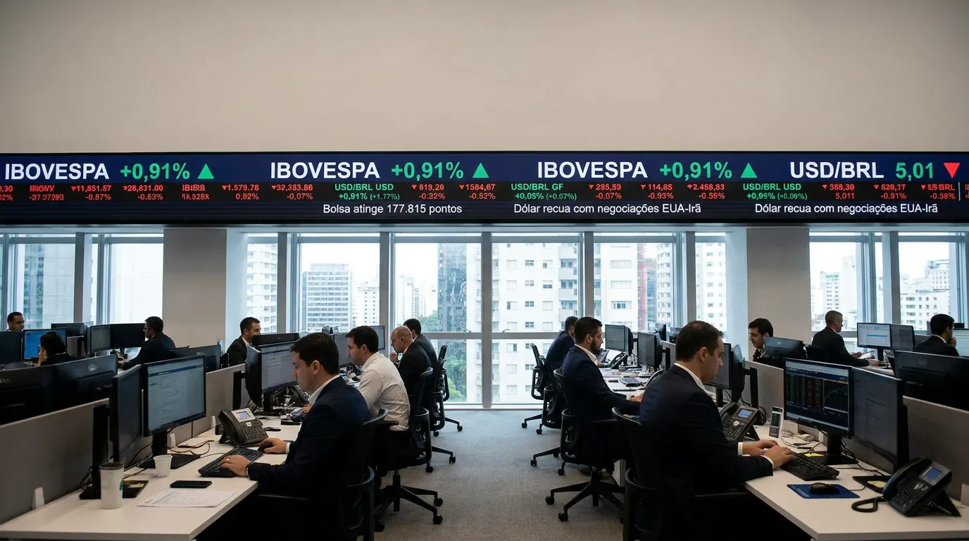 Fachada da B3 Bolsa de Valores em São Paulo com gráfico de alta do Ibovespa refletido no vidro