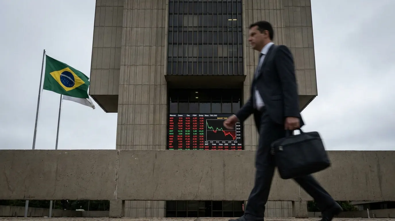 Sede do Banco Central do Brasil em Brasília ao entardecer, com cédulas de real desfocadas em primeiro plano — símbolo da inflação resistente em 2026