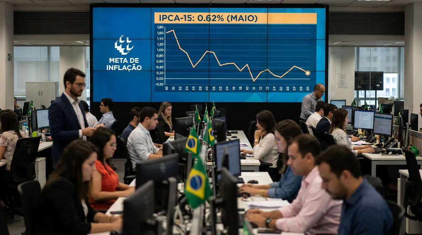 Sede do Banco Central do Brasil em Brasília, com dado de inflação IPCA-15 em destaque no primeiro plano