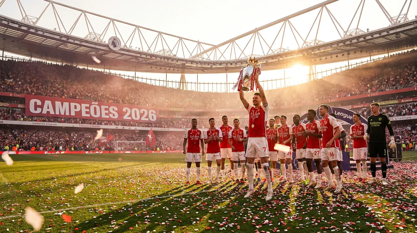 Mikel Arteta e Arsenal levantando a taça da Premier League 2025/26 em celebração do título conquistado após 22 anos