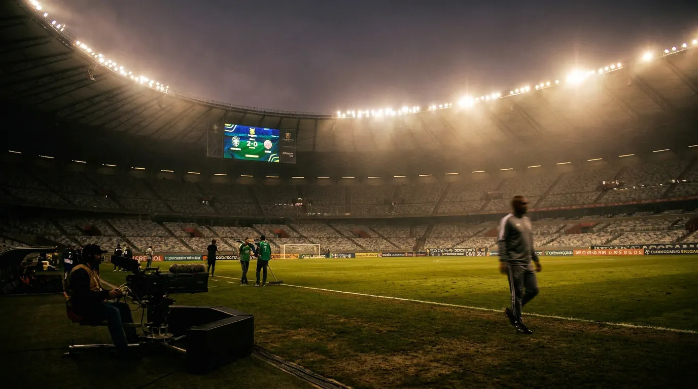 Estádio de futebol lotado à noite com holofotes acesos durante rodada de segunda-feira