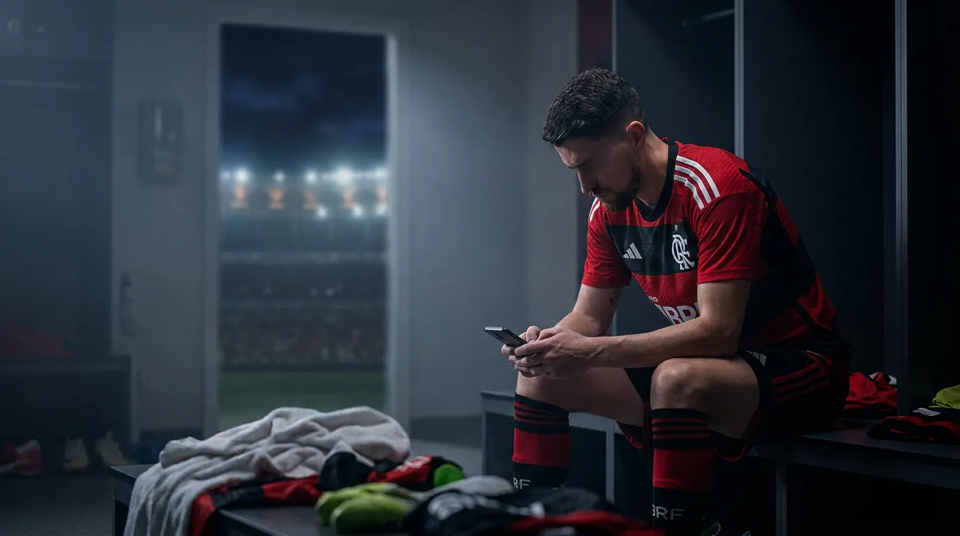 Jorginho no vestiário do Atanasio Girardot após paralisação do jogo do Flamengo na Libertadores