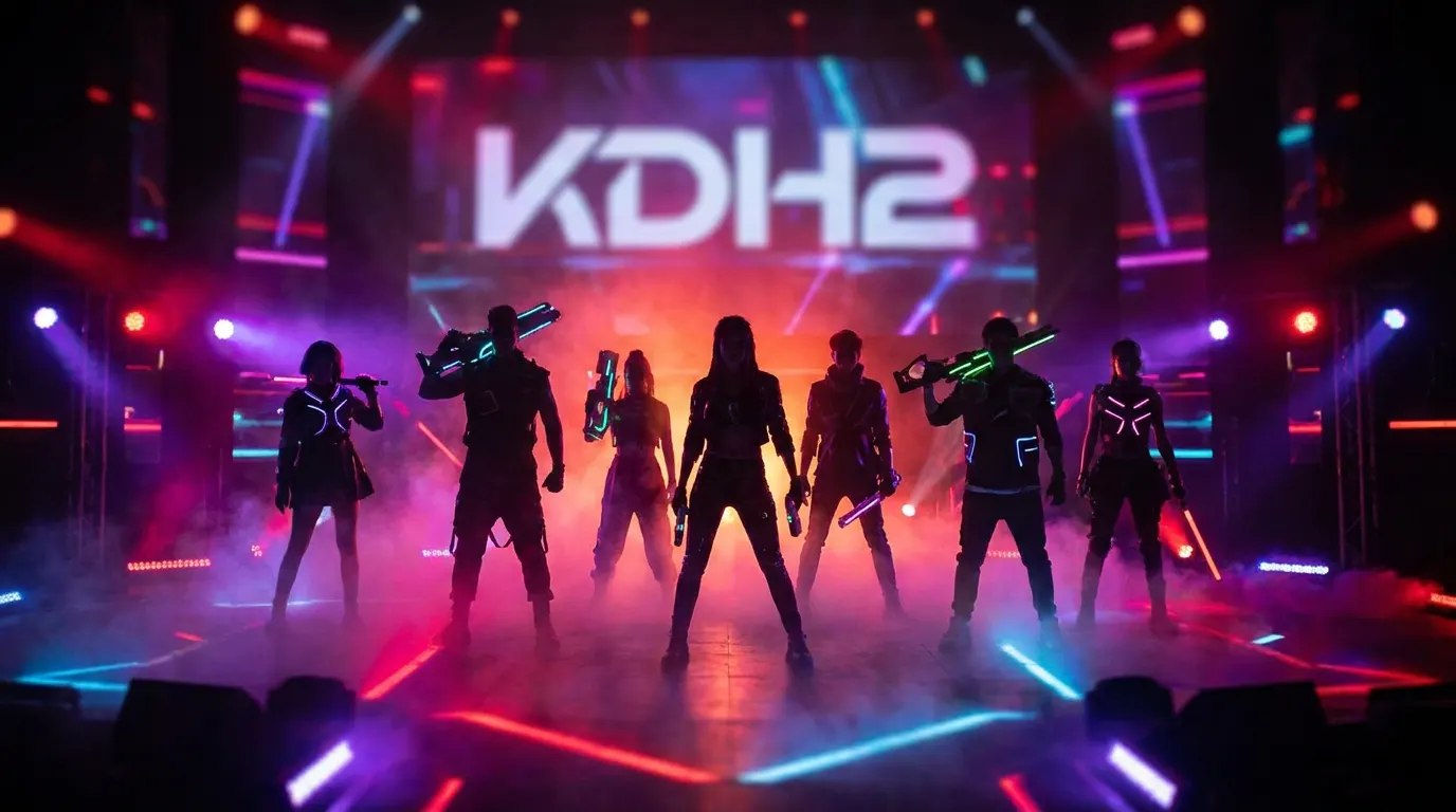 Personagens animadas de KPop Demon Hunters em palco cinematográfico com luzes neon, anunciando estreia do sequel nos cinemas
