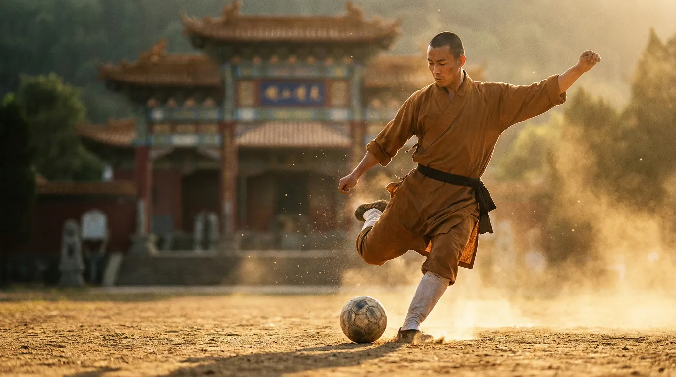Zhang Xiaofei como Shuangshuang em pose de kung fu com bola de futebol em Kung Fu Soccer de Stephen Chow (2026)