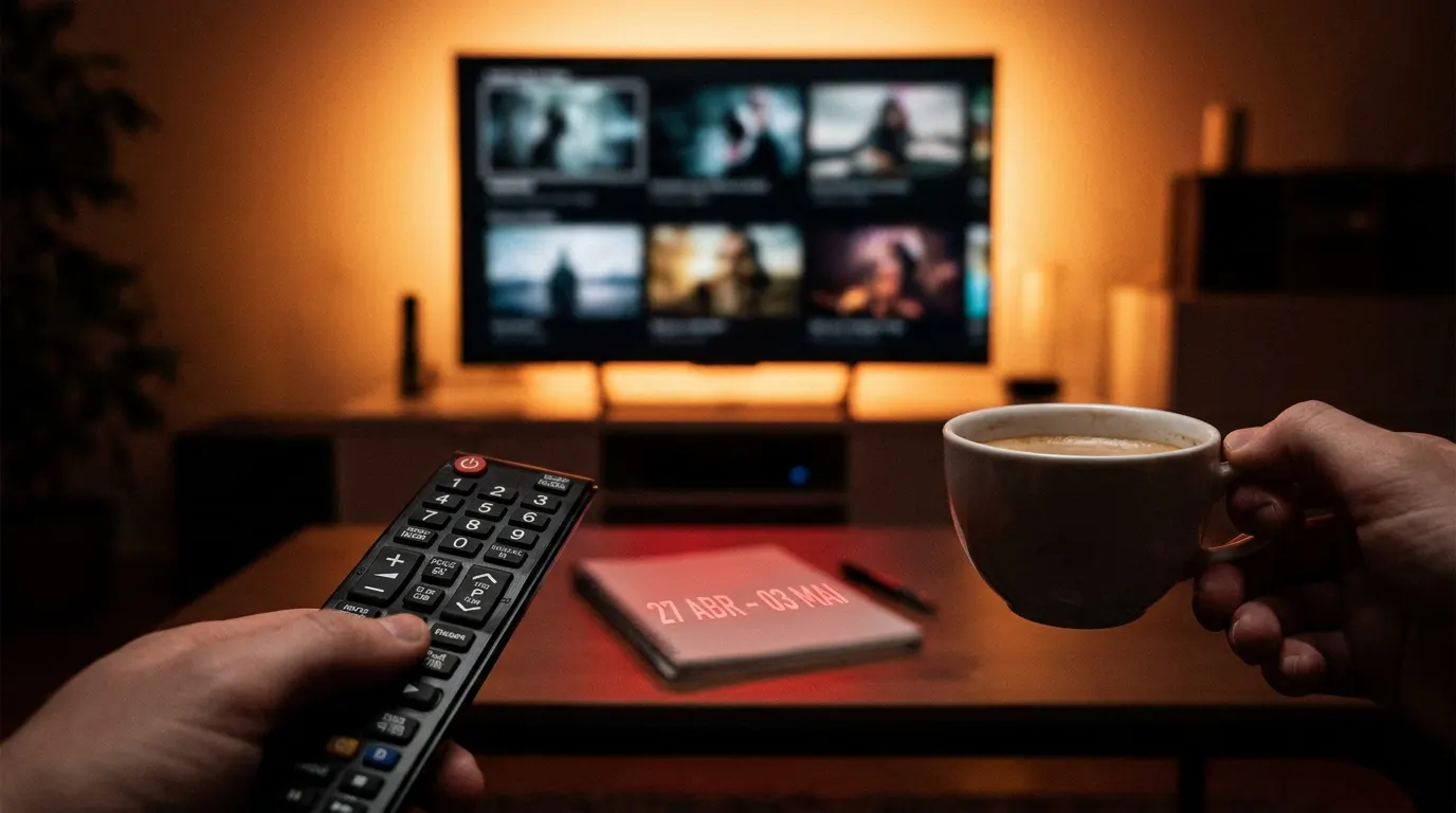 Sala de cinema em casa com tela exibindo catálogo de lançamentos Netflix da semana