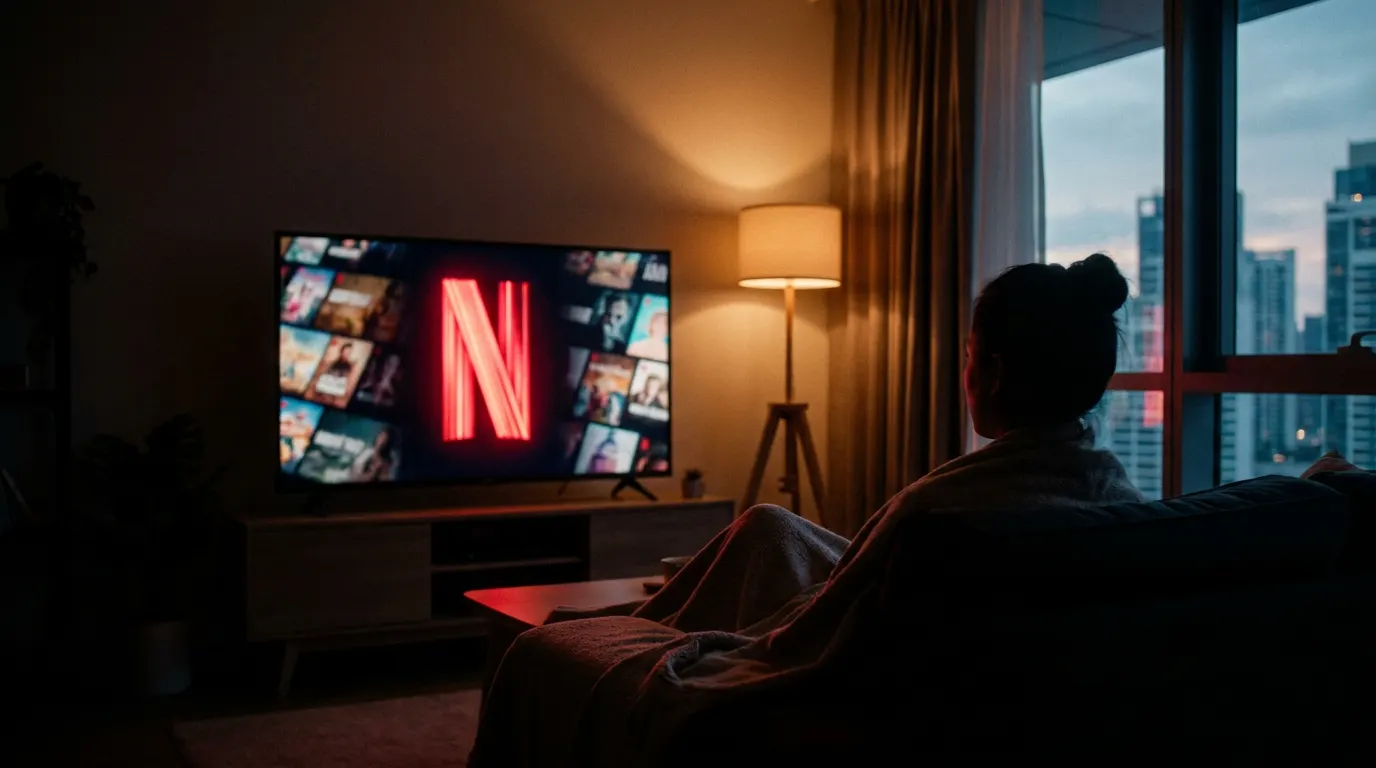 Tela de streaming com novos lançamentos da Netflix iluminando sala de estar no escuro