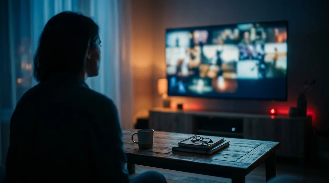 Sala de cinema em casa com TV iluminada em tom vermelho exibindo silhuetas de filmes e séries dos lançamentos Netflix de maio 2025
