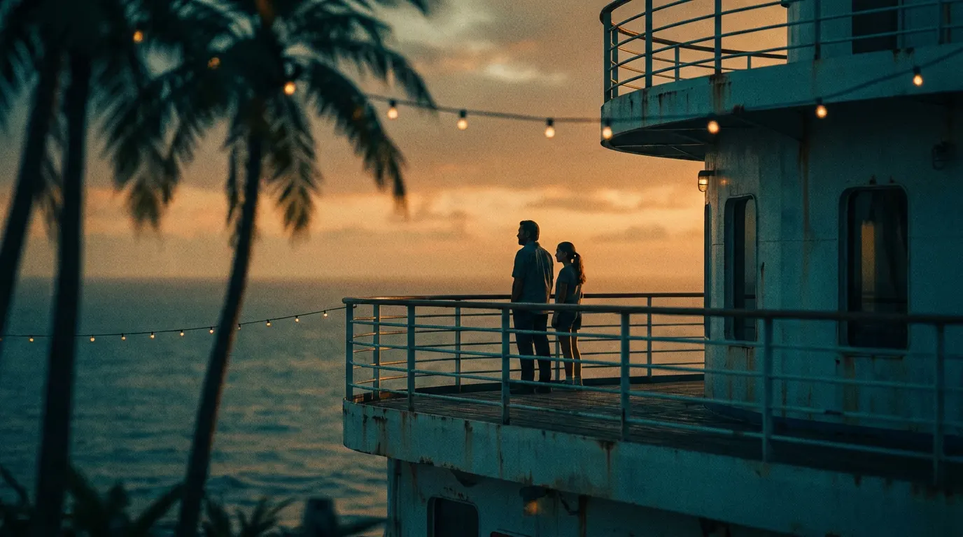 Adrien Brody e Rachel Zegler nos papéis de pai e filha no deck de um cruzeiro caribenho em Last Dance, novo filme de Karim Aïnouz