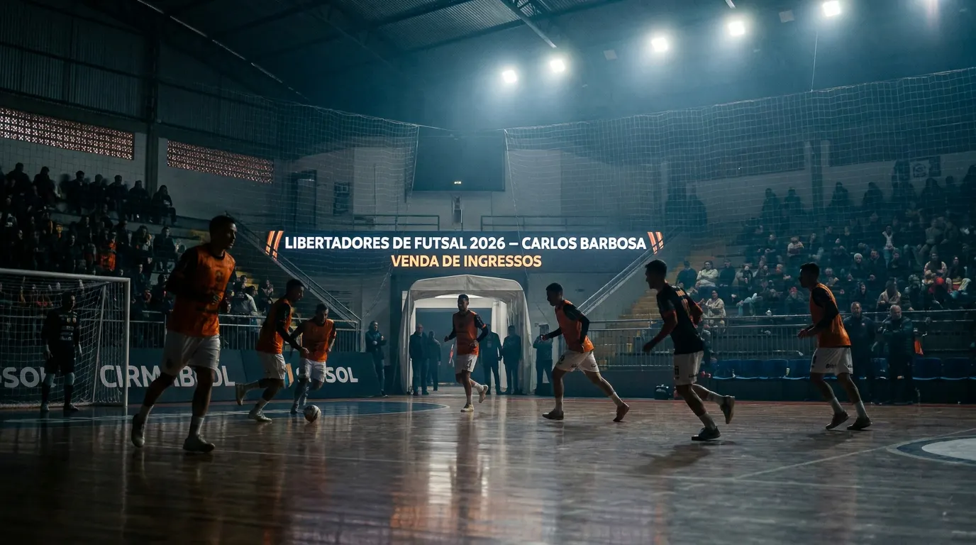 Ginásio de futsal lotado durante a Libertadores de Futsal com torcida vibrando nas arquibancadas