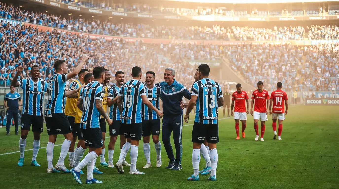 Luís Castro celebra classificação do Grêmio na Arena do Grêmio durante o Gre-Nal 454 da Copa do Brasil 2026
