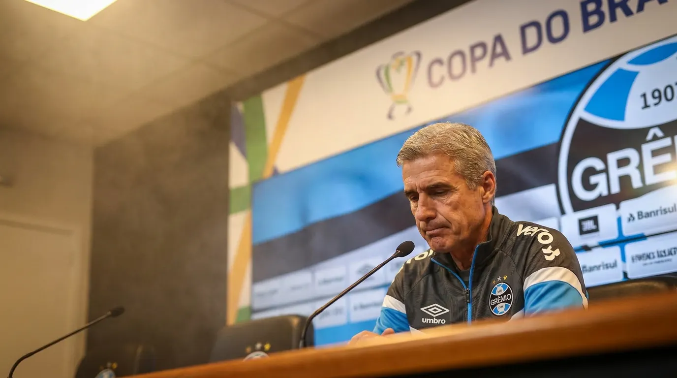 Luís Castro no banco de reservas da Arena do Grêmio durante jogo da Copa do Brasil 2026
