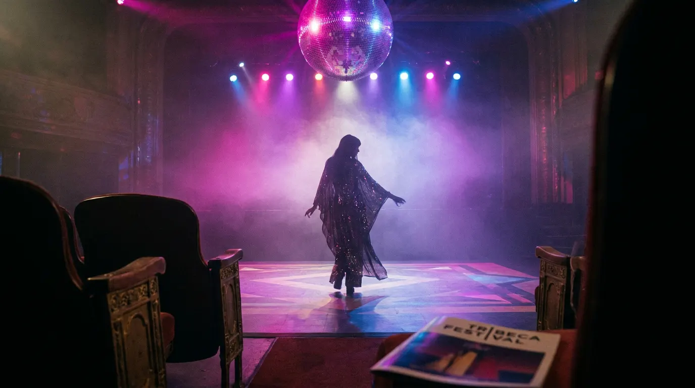 Madonna no palco em visual cinematográfico do filme Confessions II, com iluminação neon e bailarinos ao redor