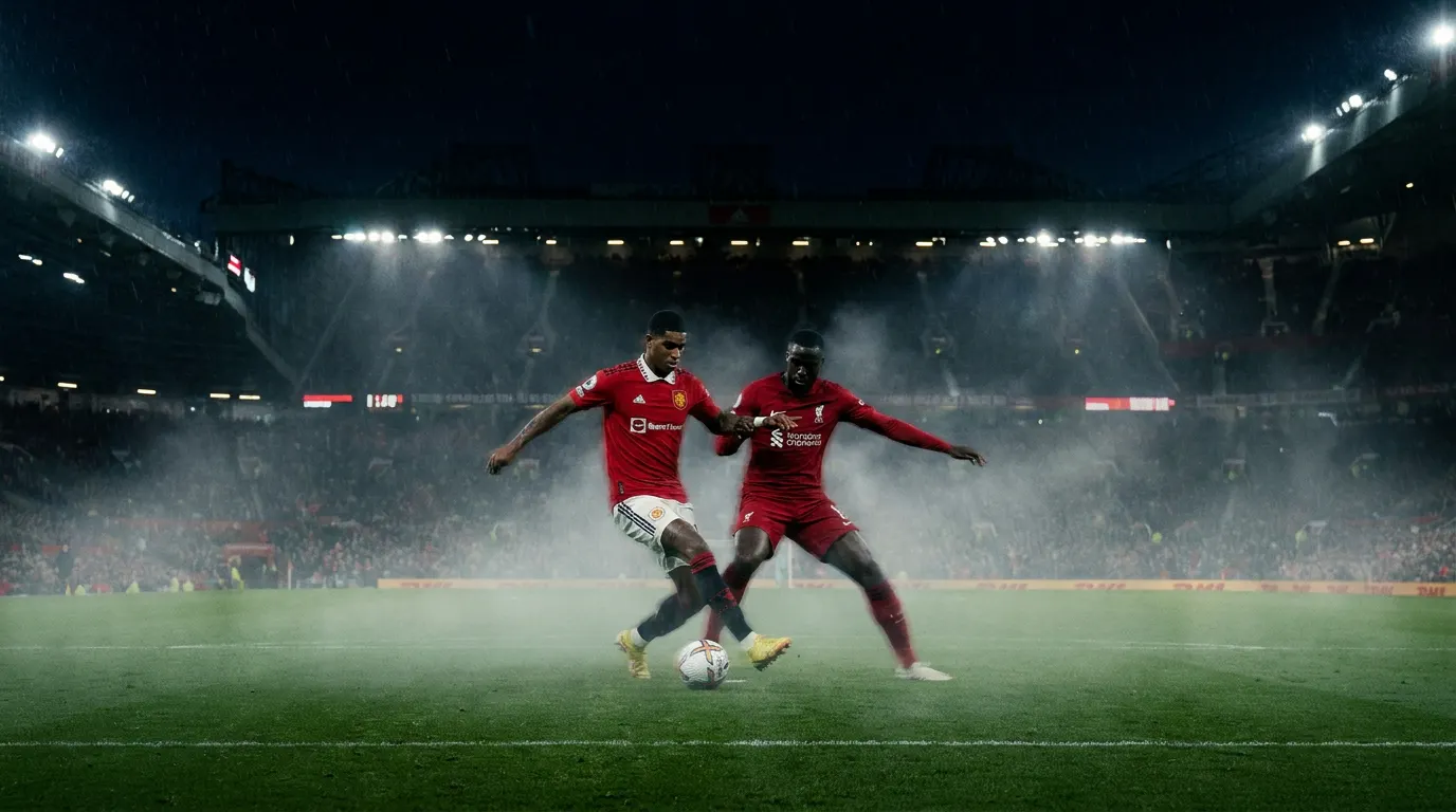 Estádio Old Trafford lotado à noite durante clássico Manchester United x Liverpool na Premier League