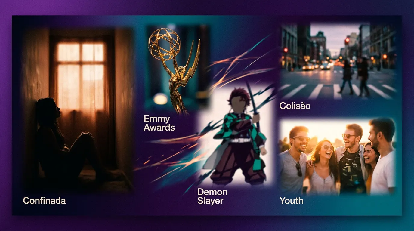 Colagem cinematográfica das estreias da Max em setembro 2026: disputa corporativa de Colisão, estatueta do Emmy Awards e Tanjiro em Demon Slayer Castelo Infinito