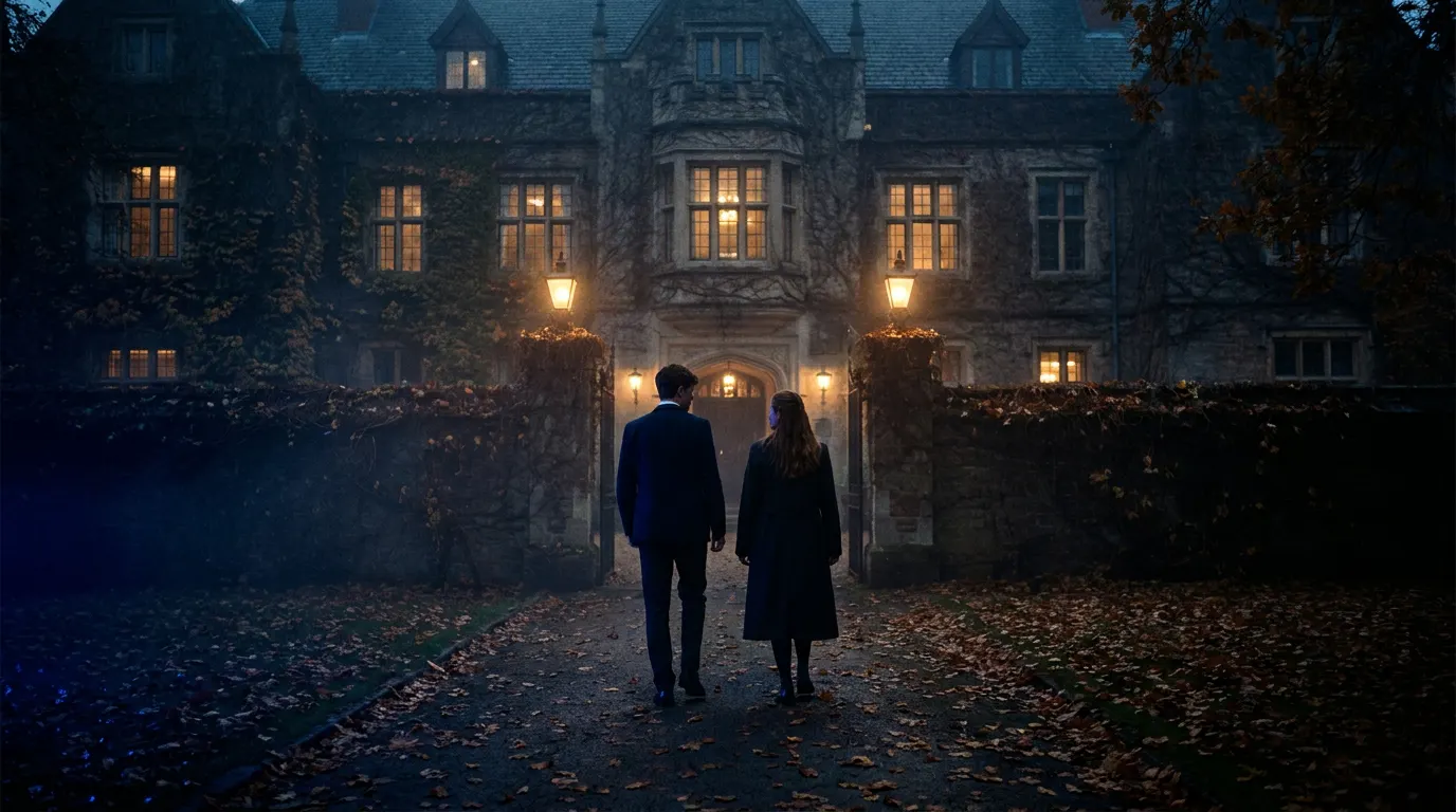 Damian Hardung e Harriet Herbig-Matten como James e Ruby em frente ao colégio Maxton Hall — 3ª temporada Prime Video