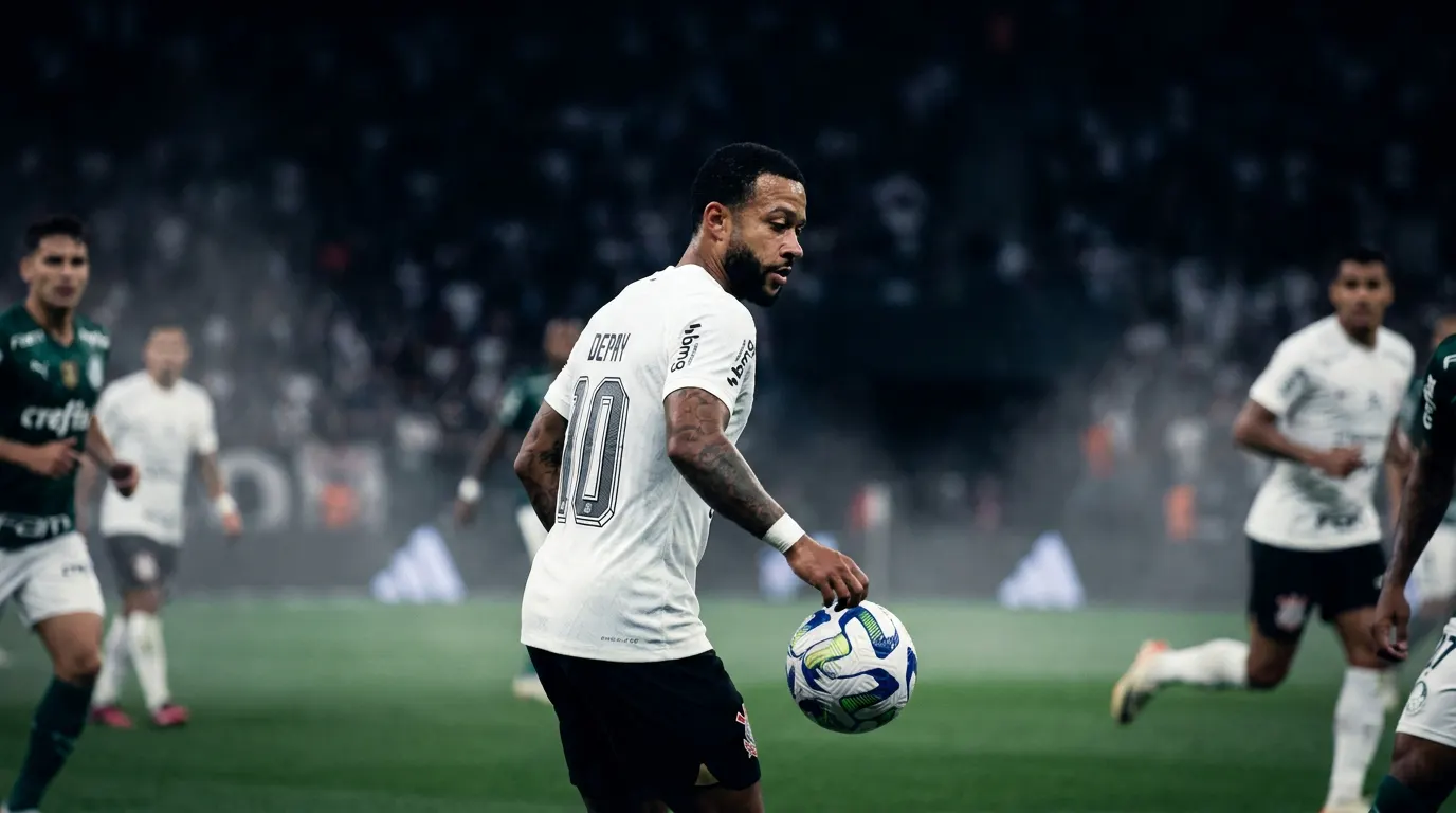 Jogador silhueta com camisa listrada de preto e branco no estádio vazio à noite, representando o debate sobre Memphis no Corinthians