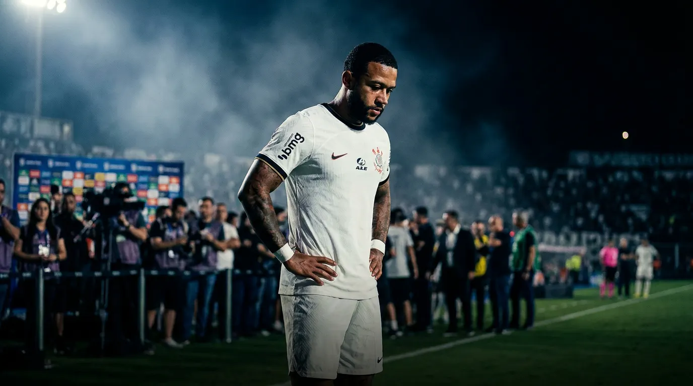 Estádio do Corinthians à noite com camisa listrada em preto e branco em destaque, simbolizando debate sobre Memphis Depay