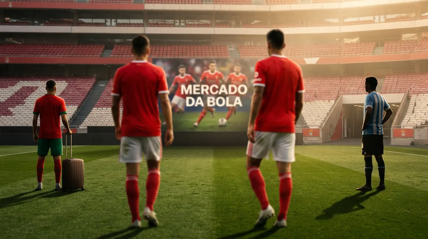 Estádio da Luz em Lisboa iluminado ao entardecer com o escudo do Benfica visível na fachada — mercado de transferências das águias em agosto de 2026